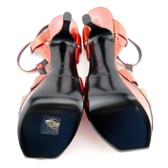 New YSL SAINT LAURENT Red Metallic Shimmer Leather T-Strap Heel Sandals 36 - Picture 8 of 9
